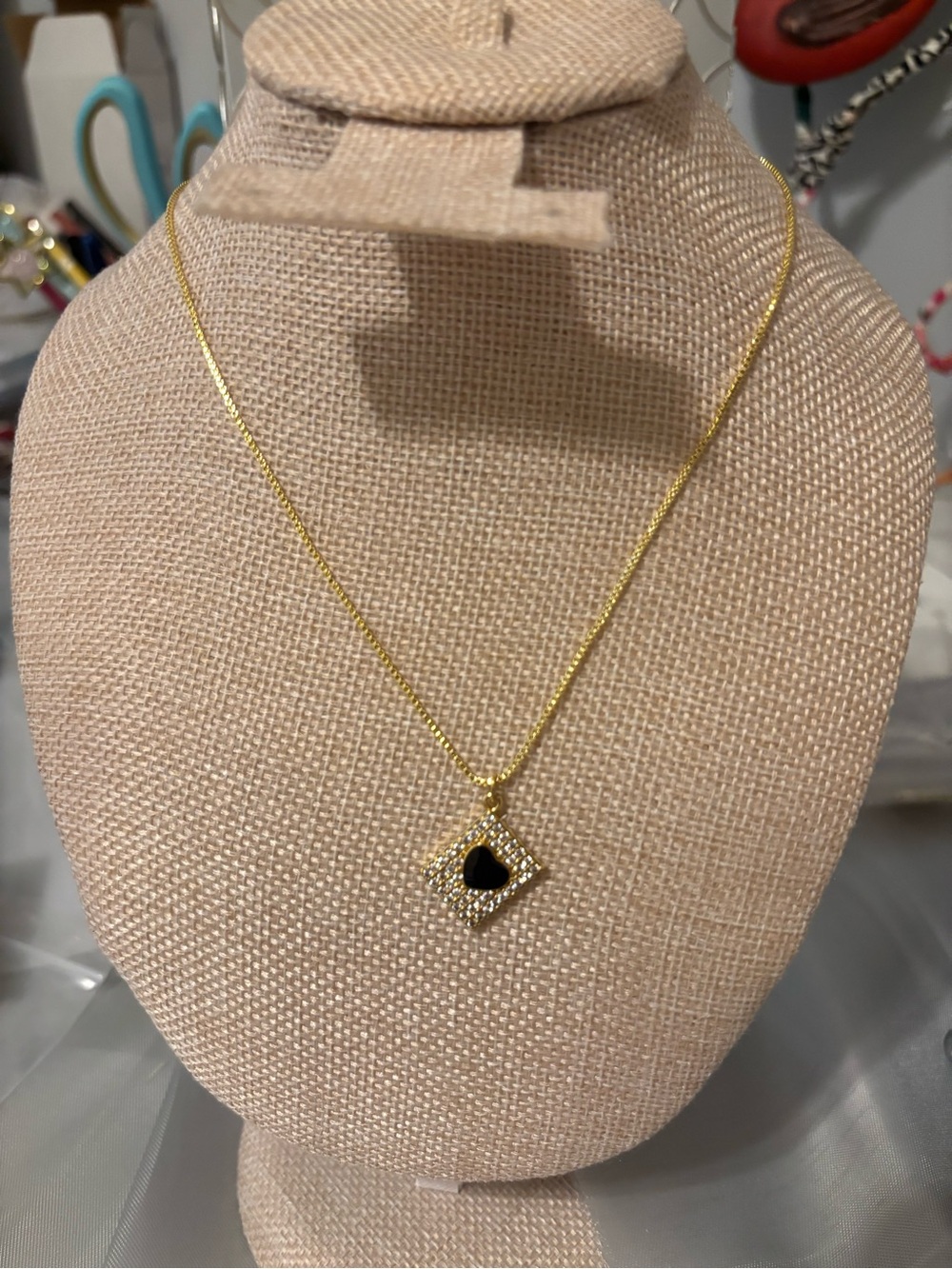 Gold Pendant Necklace with Black Heart and CZ Halo